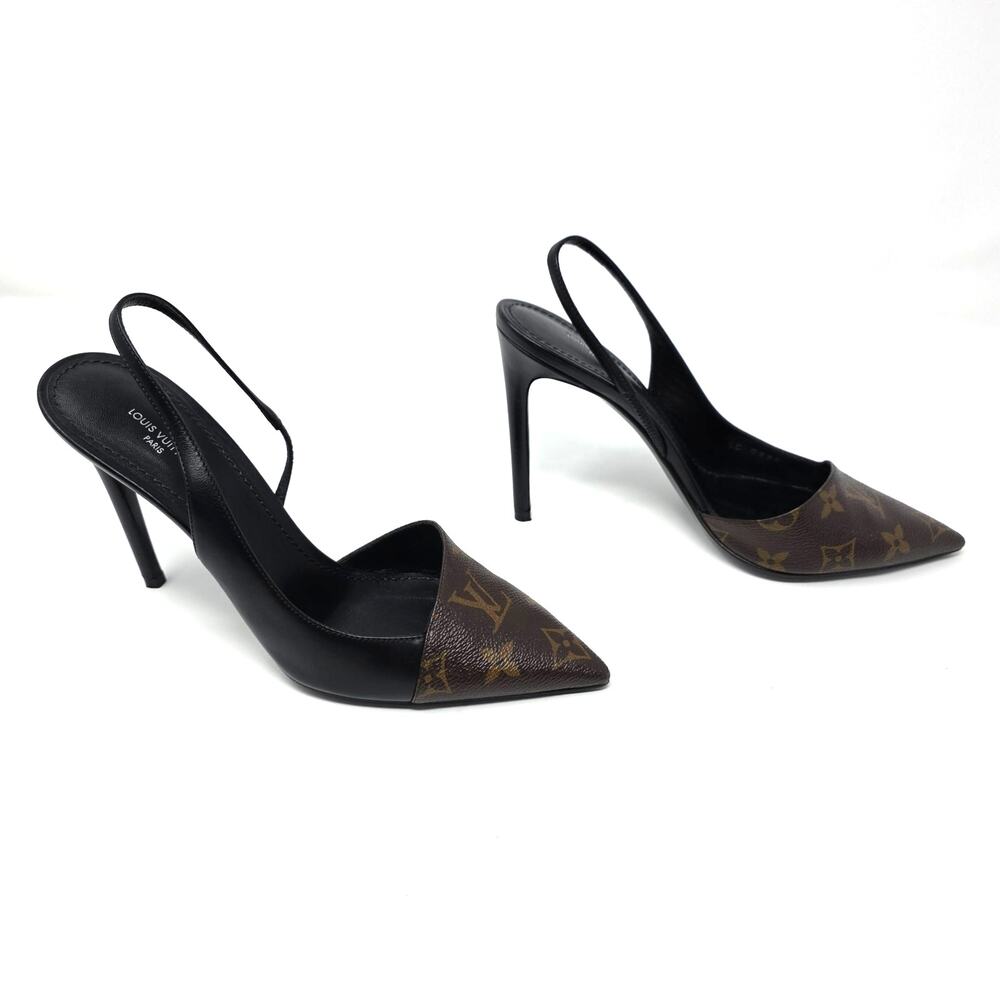 Louis Vuitton Monogram Slingback Pumps Cherie Pointed Toe Leather Heels 37.5 7.5 - Picture 4 of 11